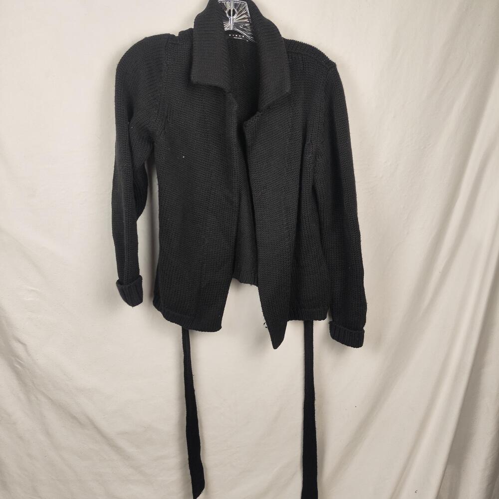 Sisley Sweater Cardigan Womens Medium Black Chunky Knit Belted Open Italy